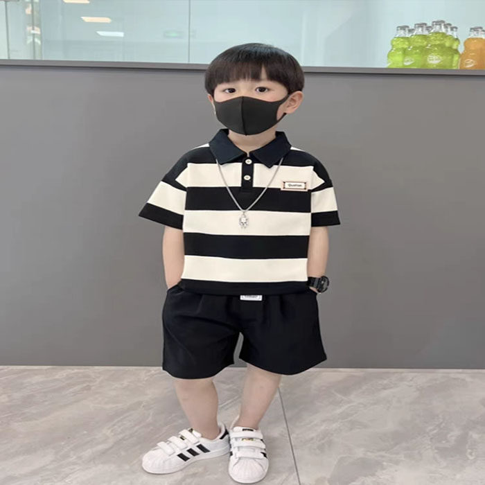 品牌专柜男童短袖套装2024新款夏季条纹polo衫帅气儿童衣服两件套