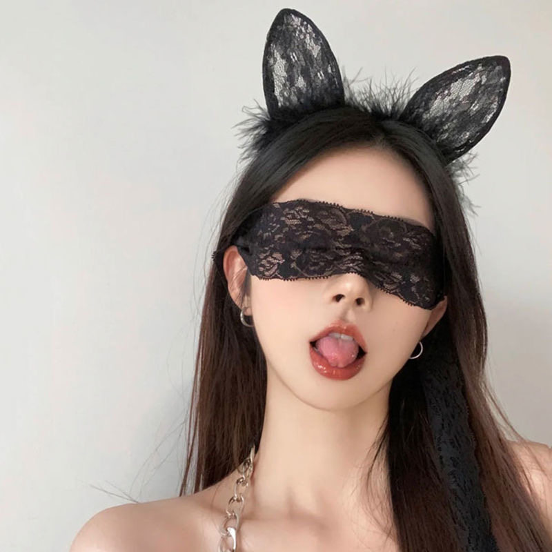 猫耳朵发箍情趣眼罩面纱禁欲系头饰性感蕾丝边兔耳朵COS网红发饰