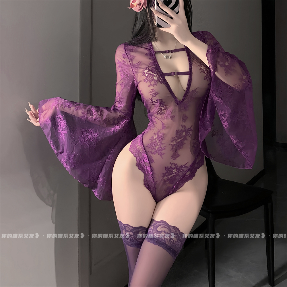 喵：涩气娇妻*韵味紫色蕾丝性感连体衣修身显瘦内衣蝴蝶袖睡衣女