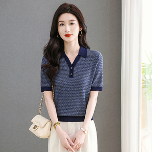 声雨竹新款女装针织衫2026夏季品牌桑蚕丝上衣中年娃娃领短袖t恤