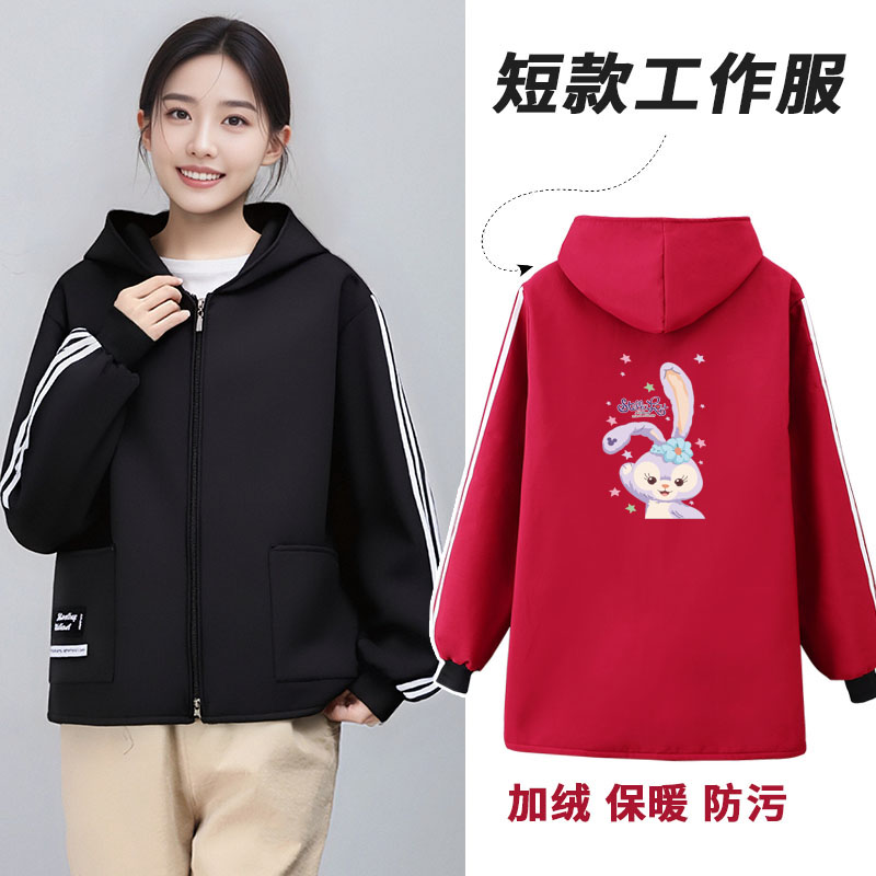 时尚短款加绒加厚罩衣秋冬季外穿长袖围裙上班干活防脏工作服外套