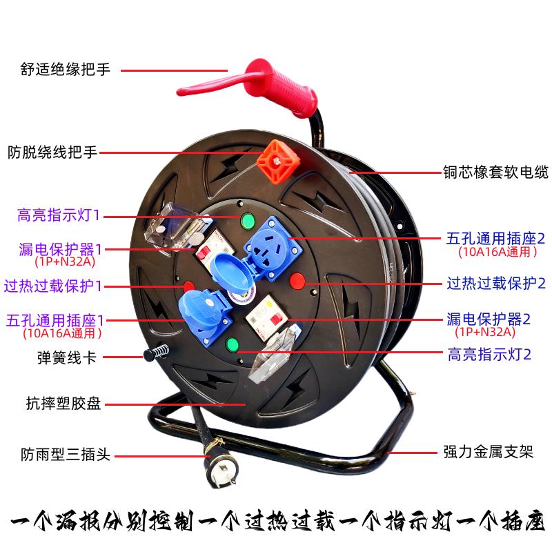 220V牛脾气一机一闸两漏电双开控制防水防尘两插座电缆绕卷拖线盘