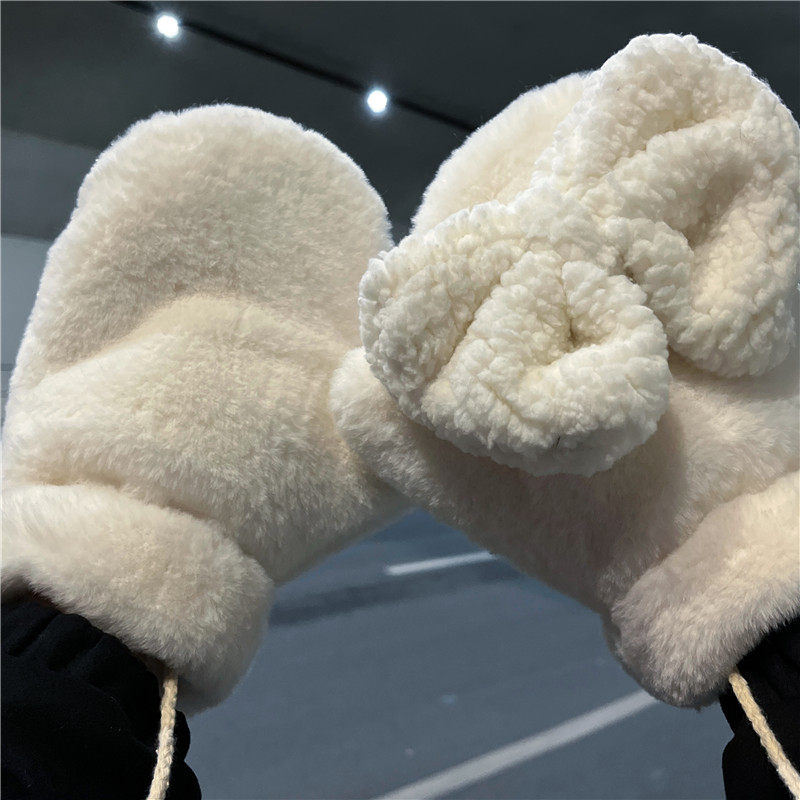 新款蝴蝶结毛绒手套冬季女生加绒加厚防寒骑车可爱挂脖保暖棉冬天