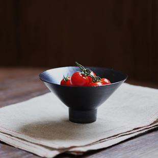 餐具陶瓷斗笠碗高足碗沙拉碗黑色手工粗陶饭汤碗家用料理碗 日式