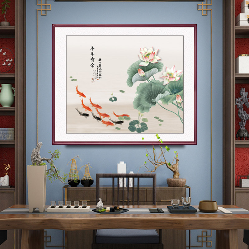 荷花九鱼画新中国风客厅广场餐厅挂画实木框架入口走廊入口装饰画