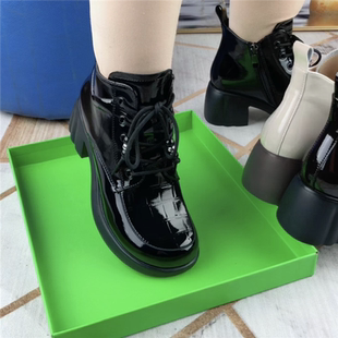 粗跟圆头短靴女真皮靴子女休闲棉鞋 女冬加绒轻便亮面软底马丁靴女