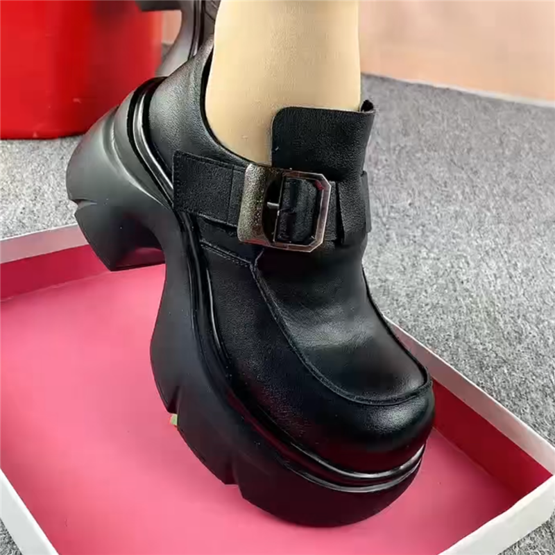 单鞋女厚底真皮圆头深口魔术贴皮鞋女复古休闲百搭软皮软底妈妈鞋