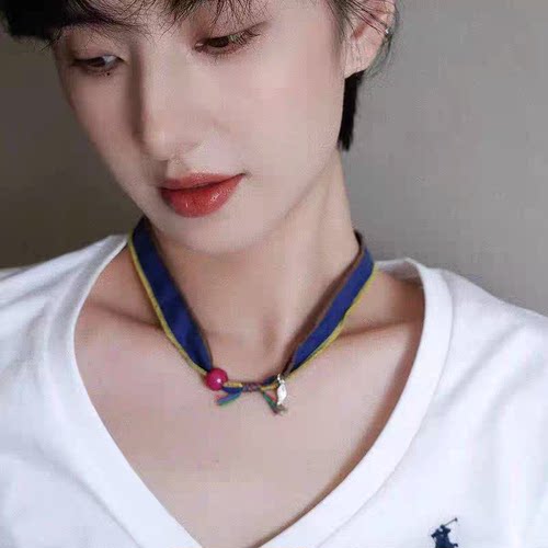 棉麻布艺吊坠项链彩石陶瓷坠