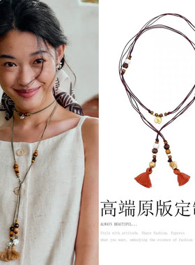 新中式新款彩色复古流苏木珠串接项链女小众设计高级感长款毛衣链
