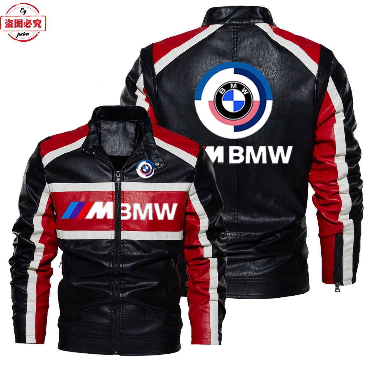 宝马M标志摩托车LOGO印花pu皮衣春秋款BMW M-Power男士骑行皮夹克
