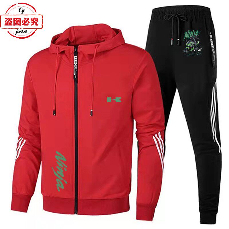 川崎摩托车logo印花机车赛车服休闲运动服男士春秋套装Ninja印花