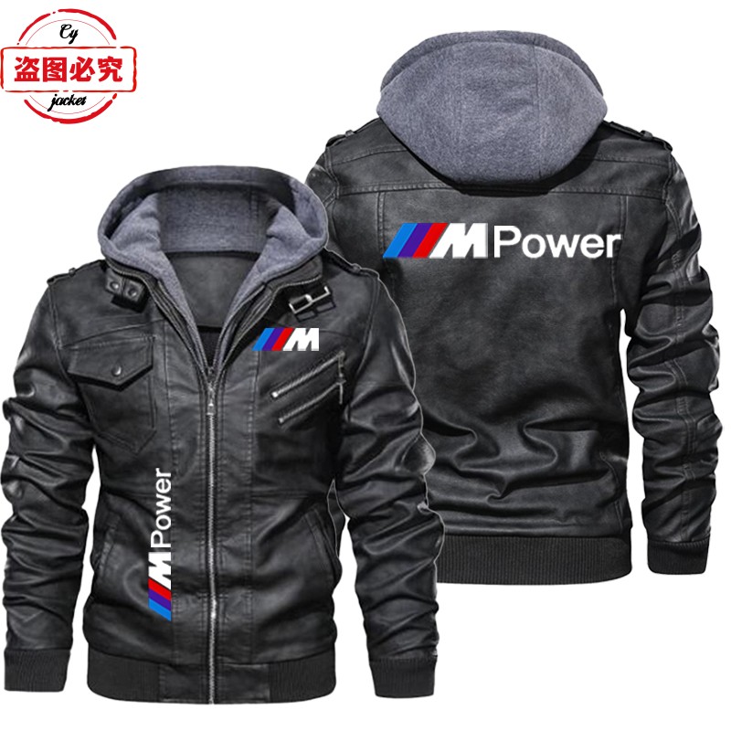1宝马摩托车LOGO骑行服pu皮衣防风男连帽夹克BMW M-Power标志印花