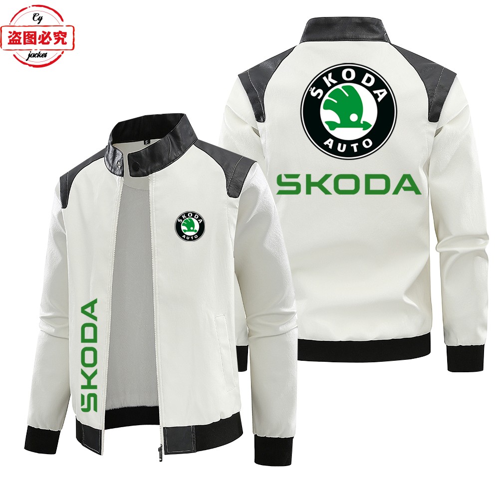撞色皮夹克WRC拉力赛斯柯达赛车Logo男士夹克pu皮衣skoda车标外套