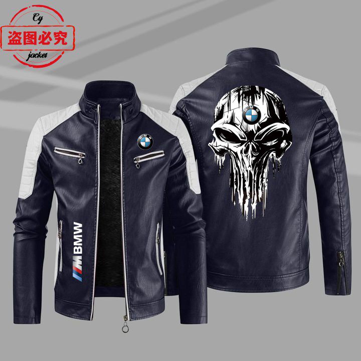 宝马标志皮夹克摩托车LOGO印花pu皮衣BMW男士撞色夹克团队骑行服