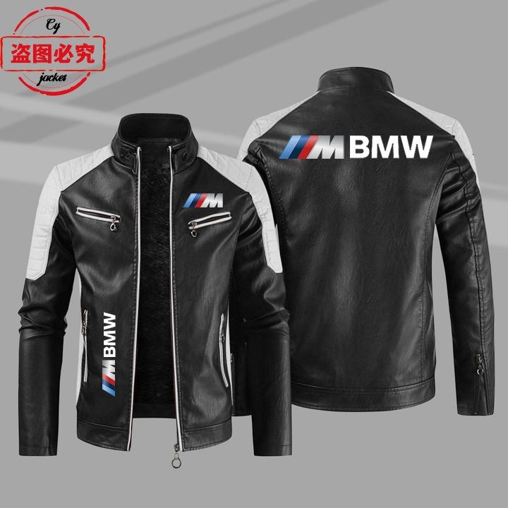 宝马M标志皮夹克摩托车LOGO印花pu皮衣BMW男士撞色夹克团队赛车服