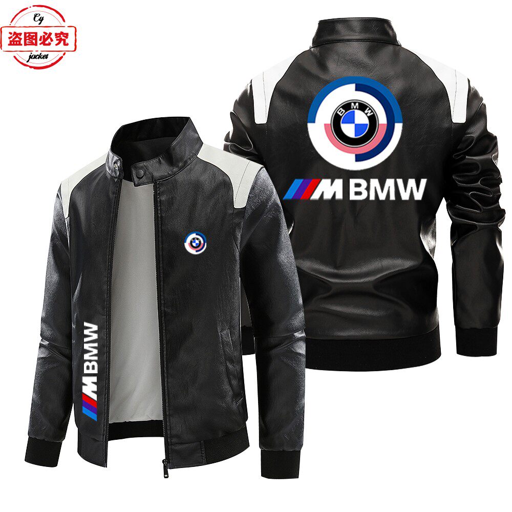 宝马摩托车Logo印花男装pu皮衣加绒款BMW M-Power男士骑行皮夹克