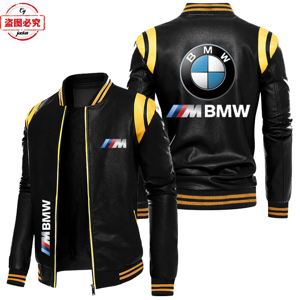 宝马摩托车LOGO骑行服撞色皮夹克pu皮衣男士秋冬加绒BMW男装夹克