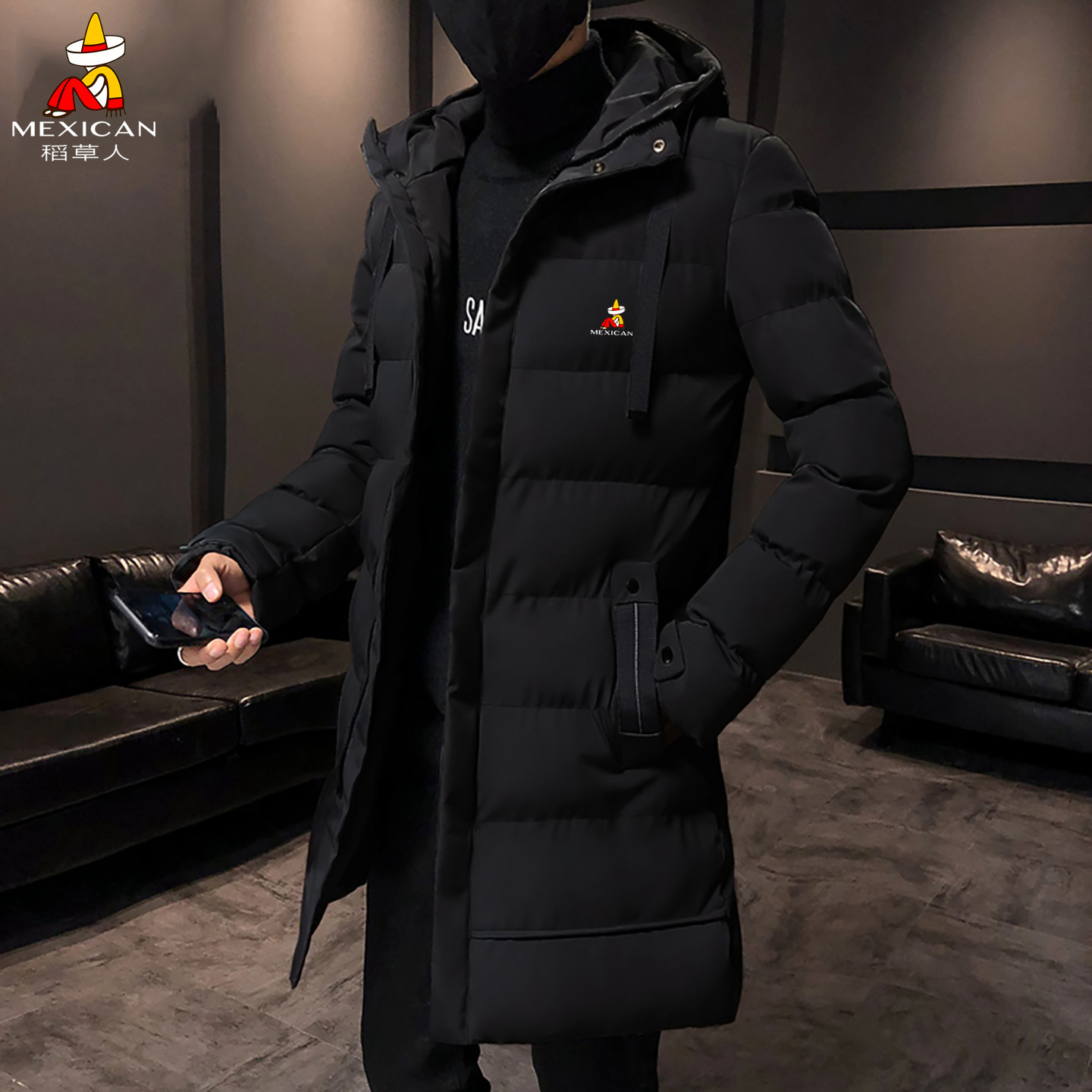 稻草人中长款羽绒服男冬季加厚保暖棉服连帽外套时尚百搭面包服