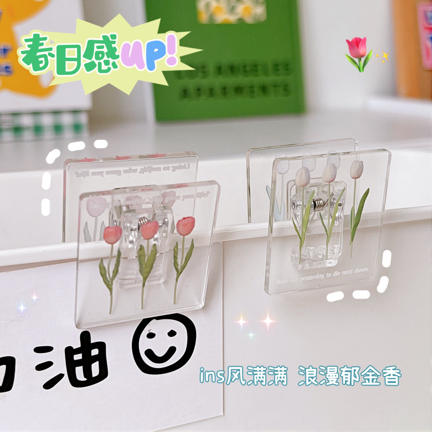 투명 폴더 작은 폴더 각설탕 아크릴 클립 롱테일 클립 컬러풀한 튤립 핸드북 정리함