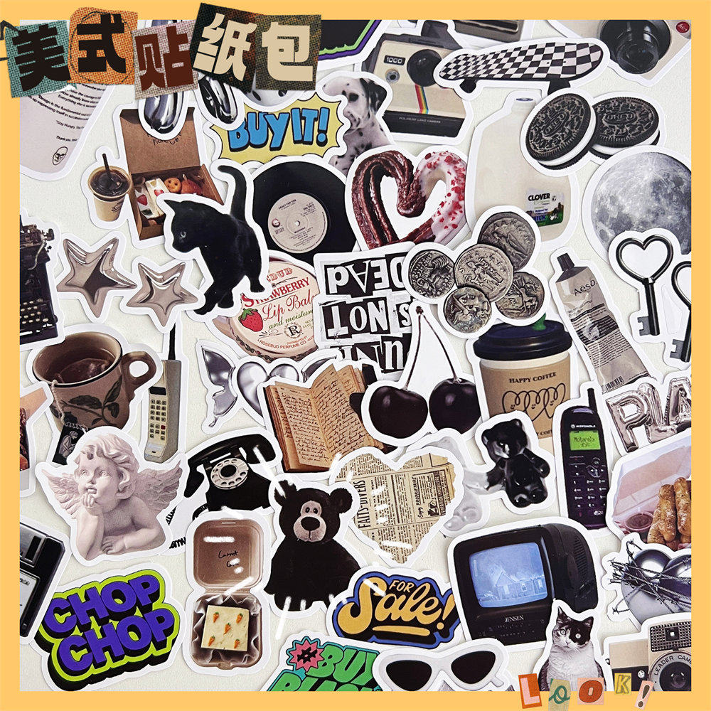 义乌小商品50张原创复古贴纸包美式不干胶DIY手帐贴创意ins水杯贴,文具电教/文化用品/商务用品,贴纸/立体贴纸,淘宝优惠券,粉丝福利购,淘宝优惠卷