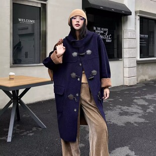 2025秋冬新款双面羊绒大衣女中长款连帽宽松牛角扣大衣羊毛外套