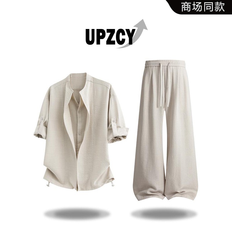 UPZCY老钱风短袖衬衫套装男士夏季潮流休闲轻奢高级感男装两件套