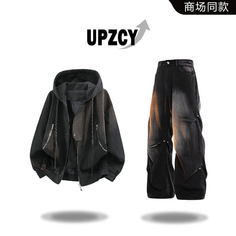 UPZCY美式潮流复古连帽夹克男士春秋季休闲风痞帅设计感时尚套装