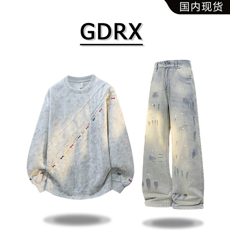 GDRX潮流扎染刺绣圆领卫衣套装2026秋季新款复古牛仔裤两件套男装