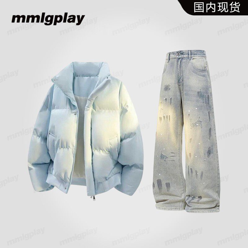 mmlgplay美式休闲风纯色棉衣套装男秋冬季保暖棉服外套穿搭两件套