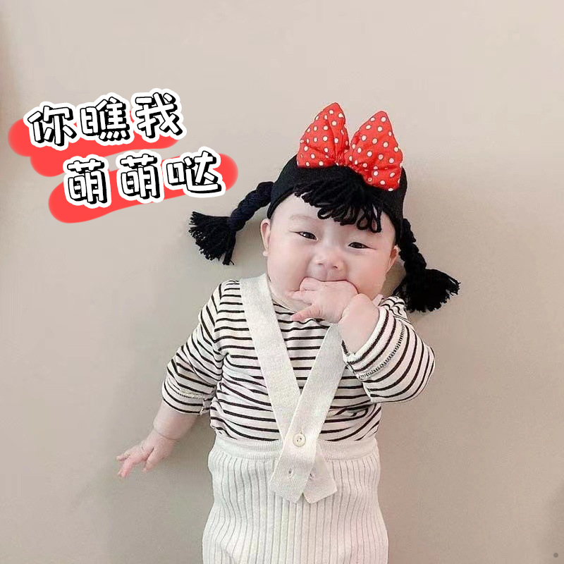 正宗婴儿男女宝宝周岁护囟门哪吒头饰蝴蝶结辫子儿童假发发带发圈