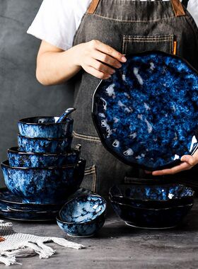 日式创意蓝色妖姬餐具家用陶瓷碗盘子米饭碗鱼盘汤勺组合陶瓷餐具