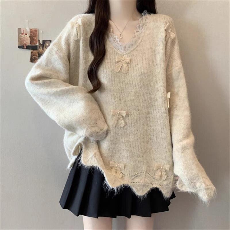 立体蝴蝶结V领正肩针织衫毛衣女2025秋季大码胖mm超好看漂亮上衣