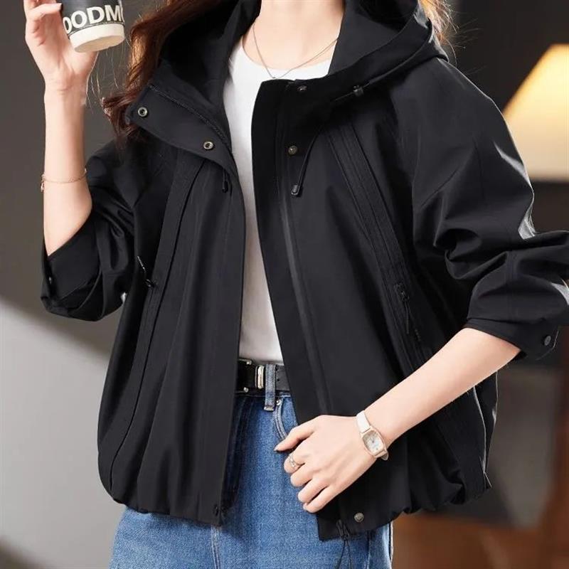 小个子短款黑色外套女2025春秋新款休闲宽松百搭夹克连帽上衣风衣