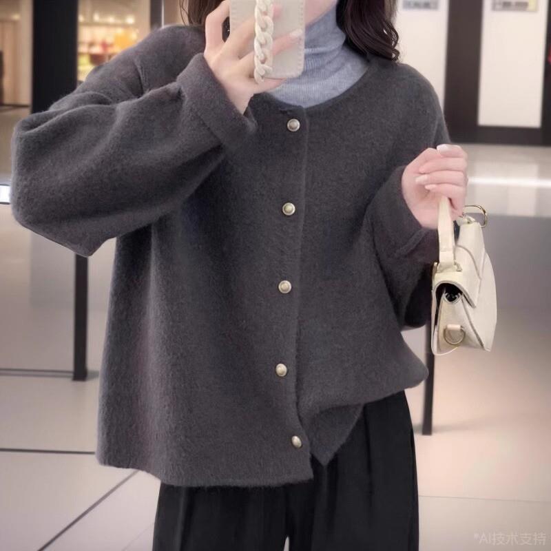 低圆领毛衣外套女毛衫短款开衫小香风上衣加厚针织宽松秋新款