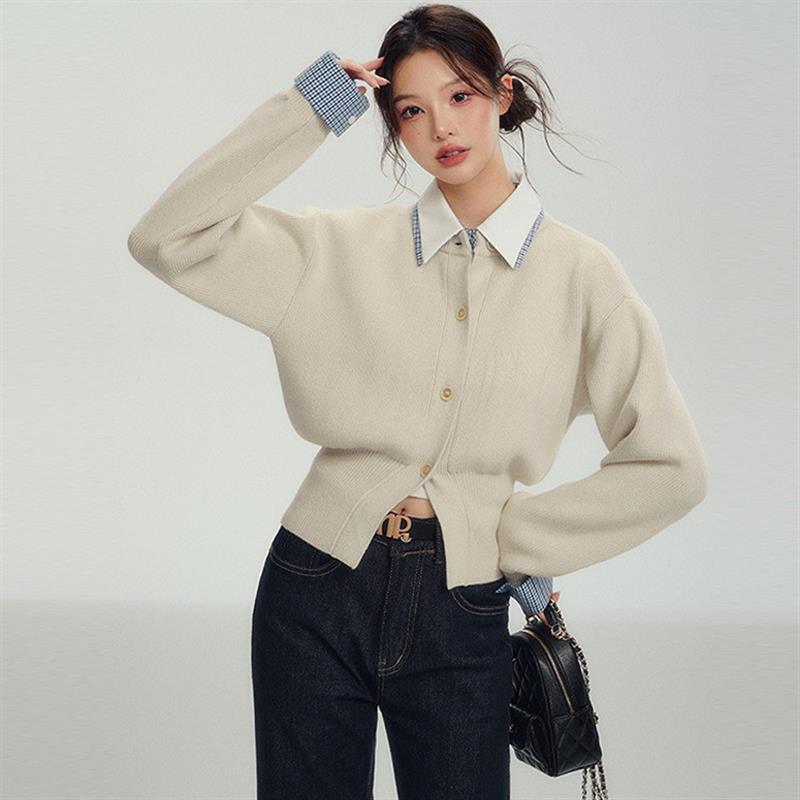 假两件衬衫领针织衫毛衣女2025年早秋季穿搭收假两件长袖翻领