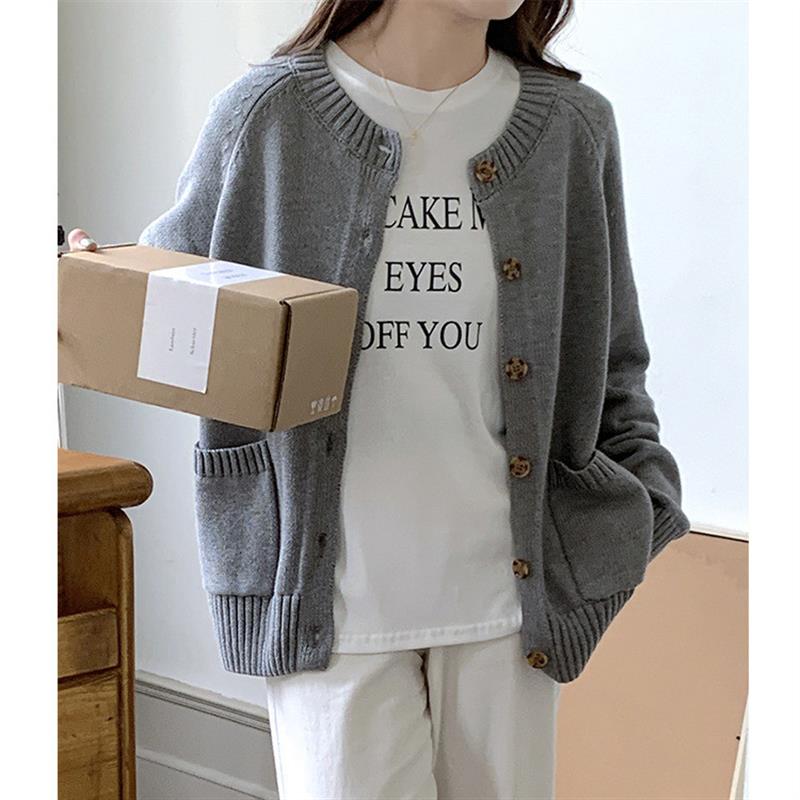 开衫女毛衣外套2025新款秋外搭针织衫上衣宽松毛衣小外套口袋