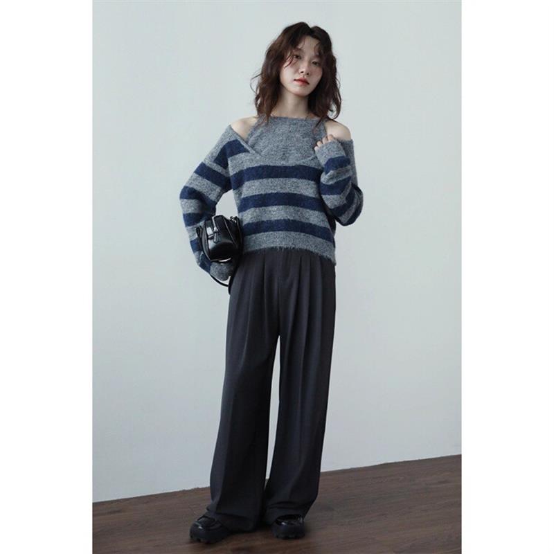 秋冬条纹撞色假两件针织毛衣纯欲性感宽松百搭日韩软糯慵懒风上衣