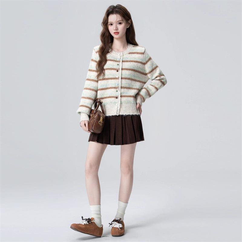 小香风韩系撞色条纹毛衣开衫女2025秋冬新款圆领慵懒风感针织小衫