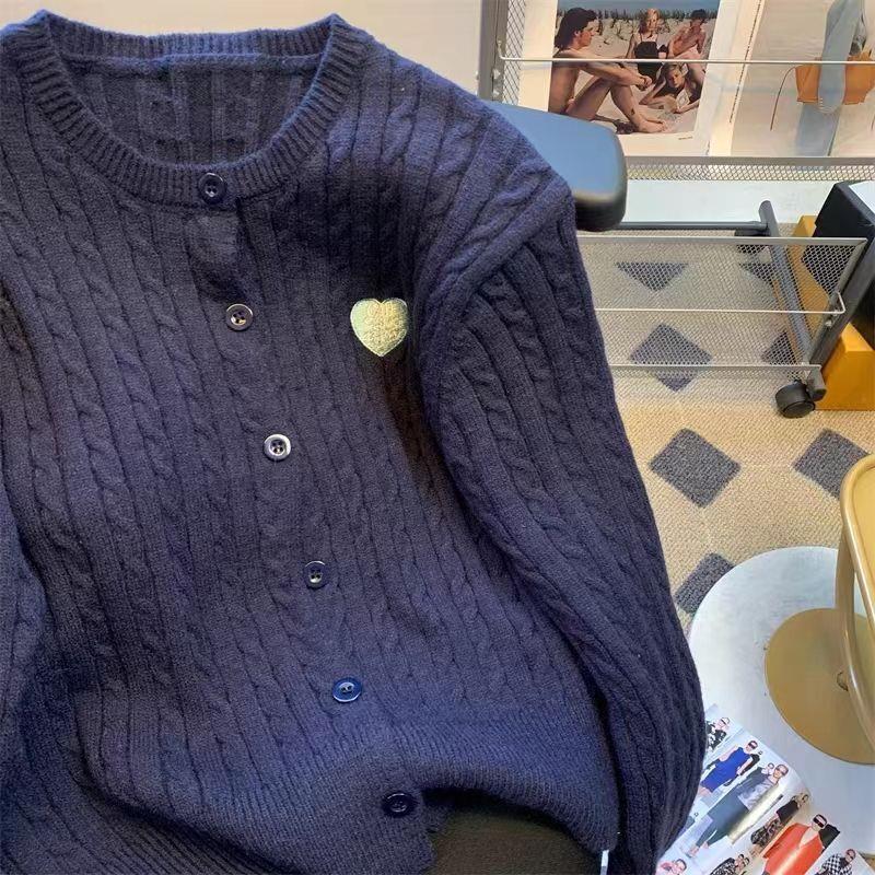 学院风藏蓝色麻花针织开衫外套女秋装高级感韩系内搭毛衣独特上衣