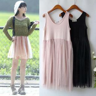 中短款高腰莫代尔拼接网纱背心裙甜美蕾丝打底裙连衣裙大码内搭裙