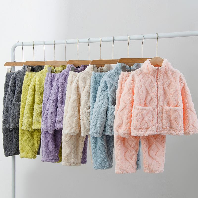 男童法兰绒睡衣女童珊瑚绒秋冬新款加绒加厚中大童家居服拉链套装