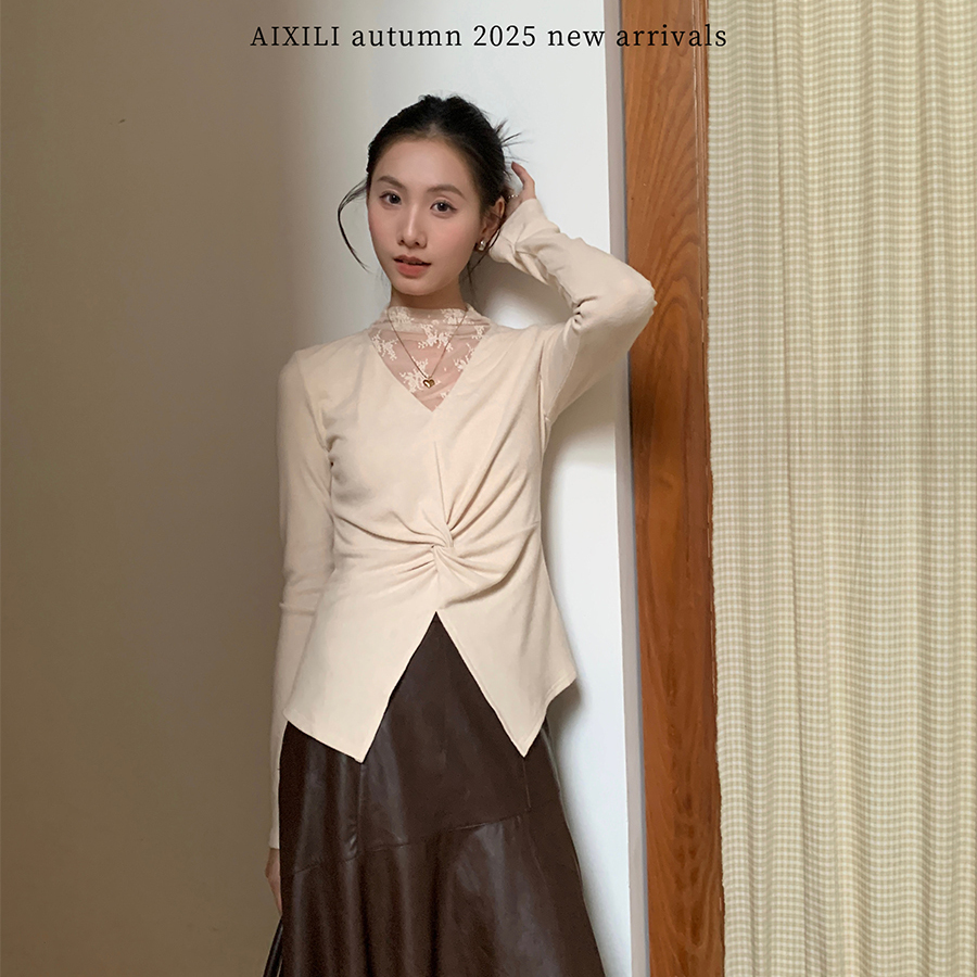AIXILI爱西里-冬气质高级感蕾丝拼接扭结设计长袖上衣针织衫15580