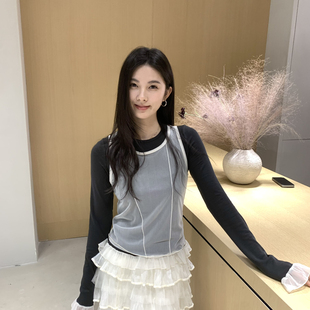 x8840801 背心拼接韩系甜美气质设计感小上衣长袖 T恤 无配件