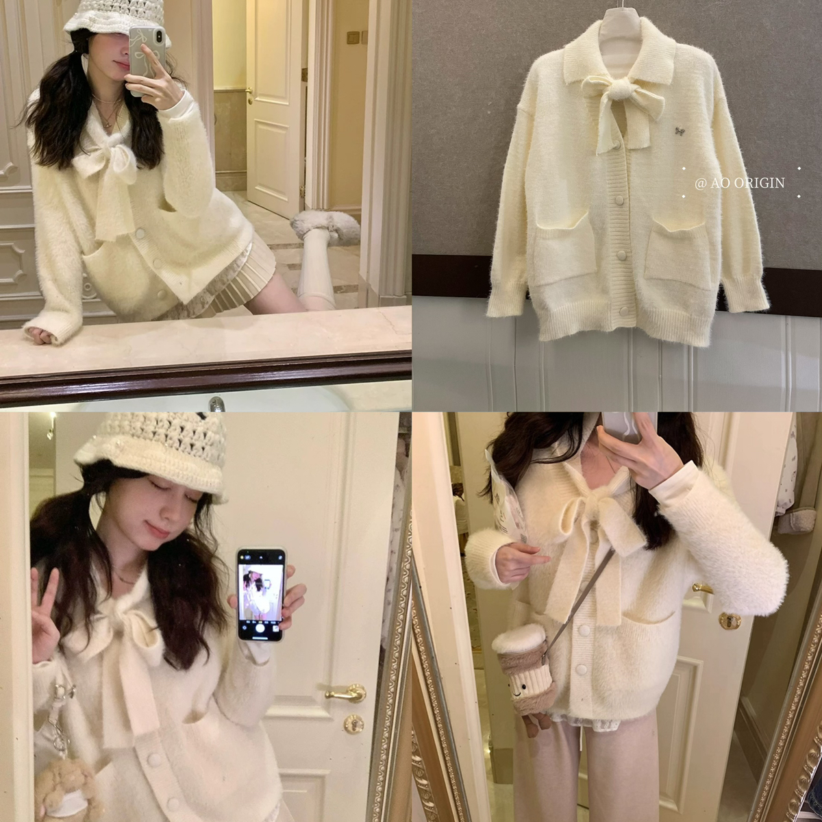 AO Origin-结仿水貂毛白色宽松长袖保暖毛衣(配蝴蝶结绑带)A55498