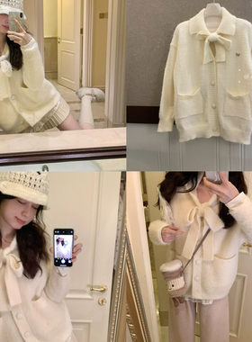 AO Origin-结仿水貂毛白色宽松长袖保暖毛衣(配蝴蝶结绑带)A55498