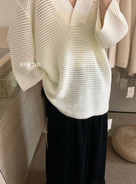 ISS YOU-上新高级感别致镂空v领套头针织衫（含4.2绵羊毛）Z-2533