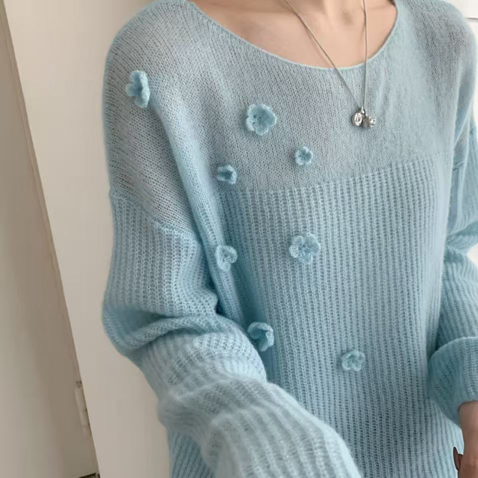 后 F H羊绒立体小花朵圆领气质亲肤针织衫(含559绵羊毛)5186