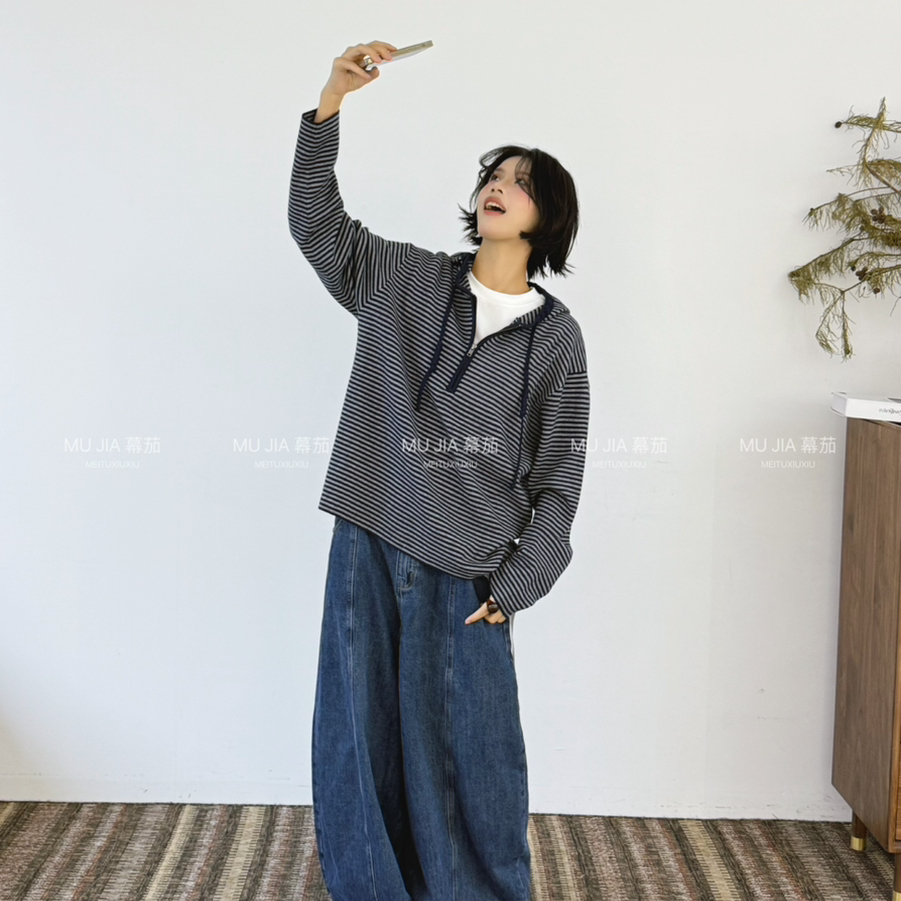 慕茄MUJIA-半拉链条纹保暖毛衣K50607