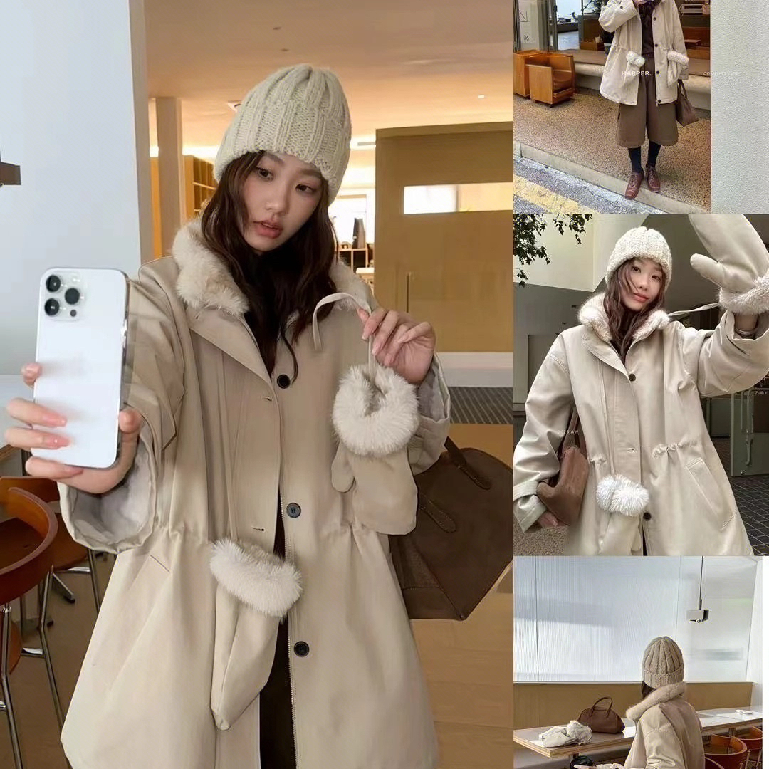 ximi.希米-厚工装风毛领风衣外套抽褶收腰设计大衣(配手套)13516