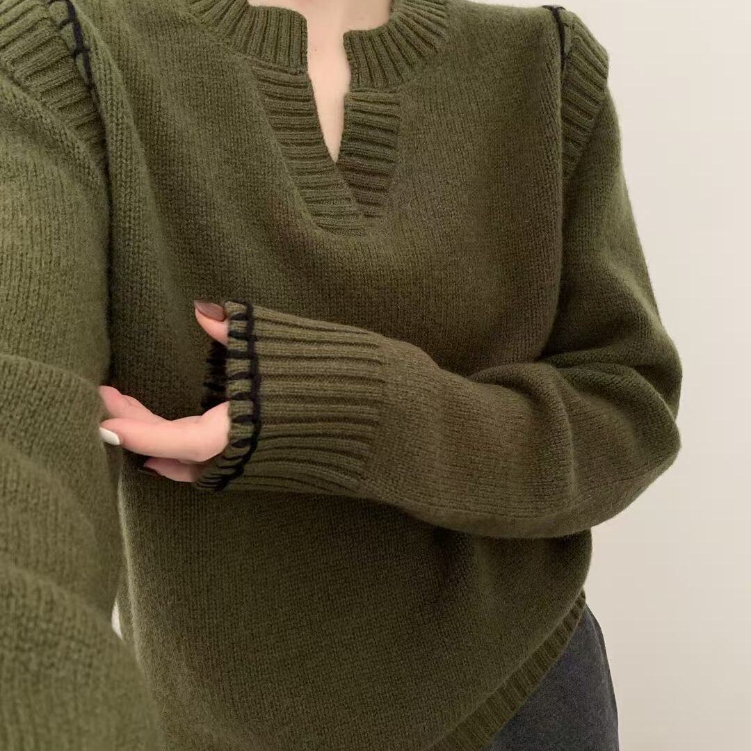 LO-新韩系全羊毛剪刀领手缝线套衫保暖毛衣（含100绵羊毛）743152